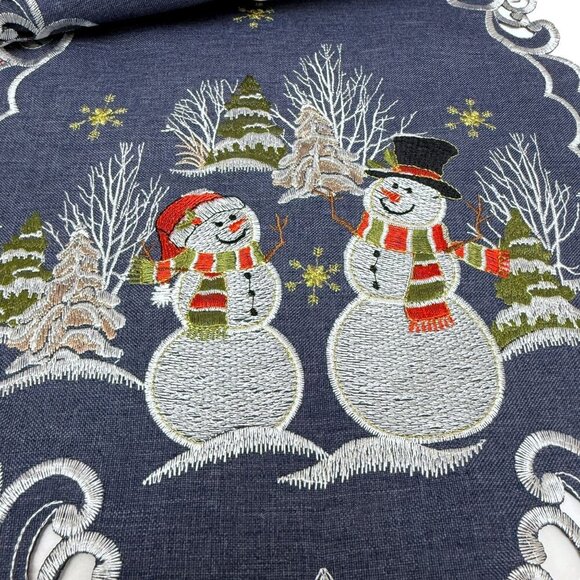 Christmas Table Runner Holiday Snowmen Blue 67" Long Embroidered - Picture 4 of 6